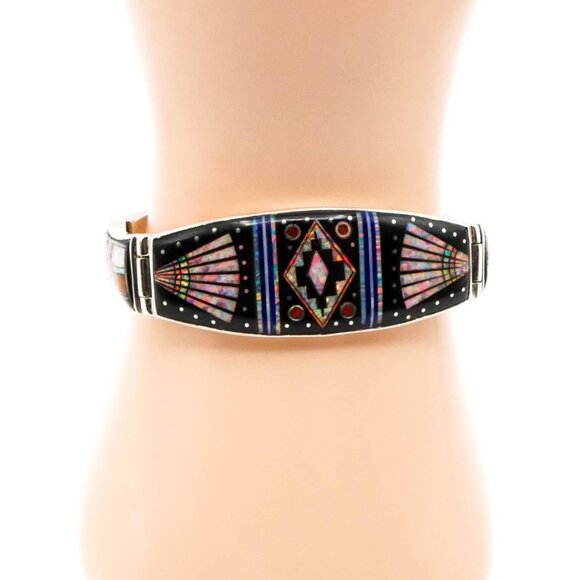 Navajo Artist Opal Multi-Stone Micro Inlay Link Bracelet in Sterling Silver Size - Picture 6 of 7